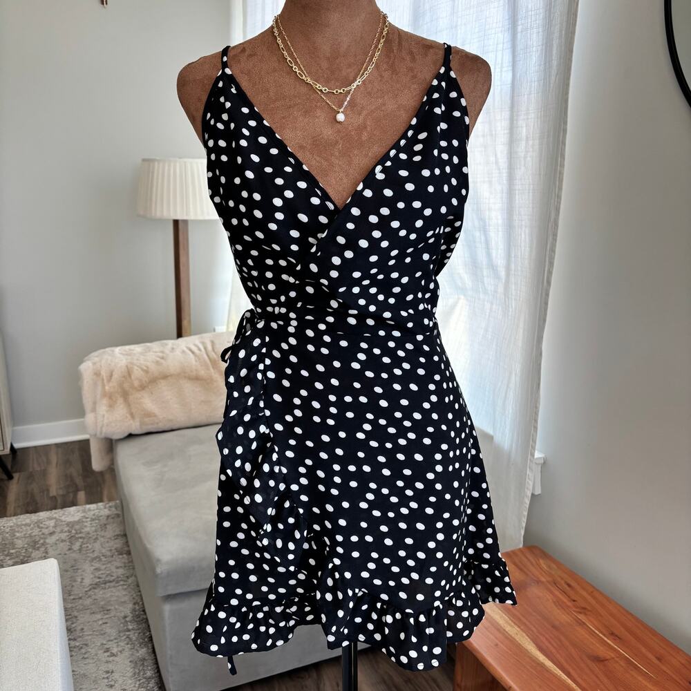 Princess Polly "Her Jewel" Black White Polka Dot Mini Wrap Dress US Size 6